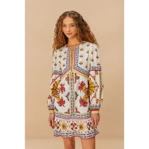 Farm Rio Marys Tiles Euroflax Mini Dress Split Neck Beads Boho NWT Sz M